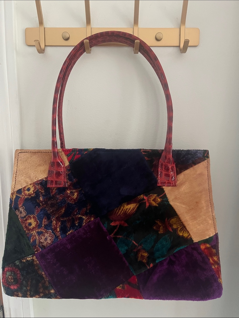 Julie Feldman Patchwork Velvet Tote with Crocodile Red Handles